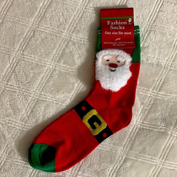 Santa Clause fluffy bearded Santa Christmas socks red stripe trim gold belt - Picture 1 of 11